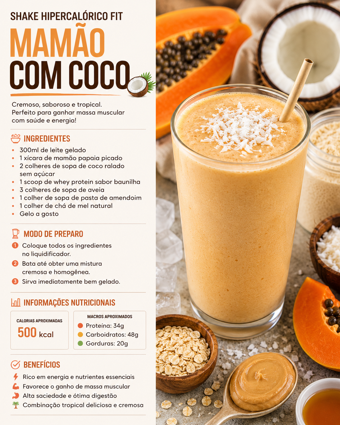 Shake Hipercalórico Mamão com Coco
